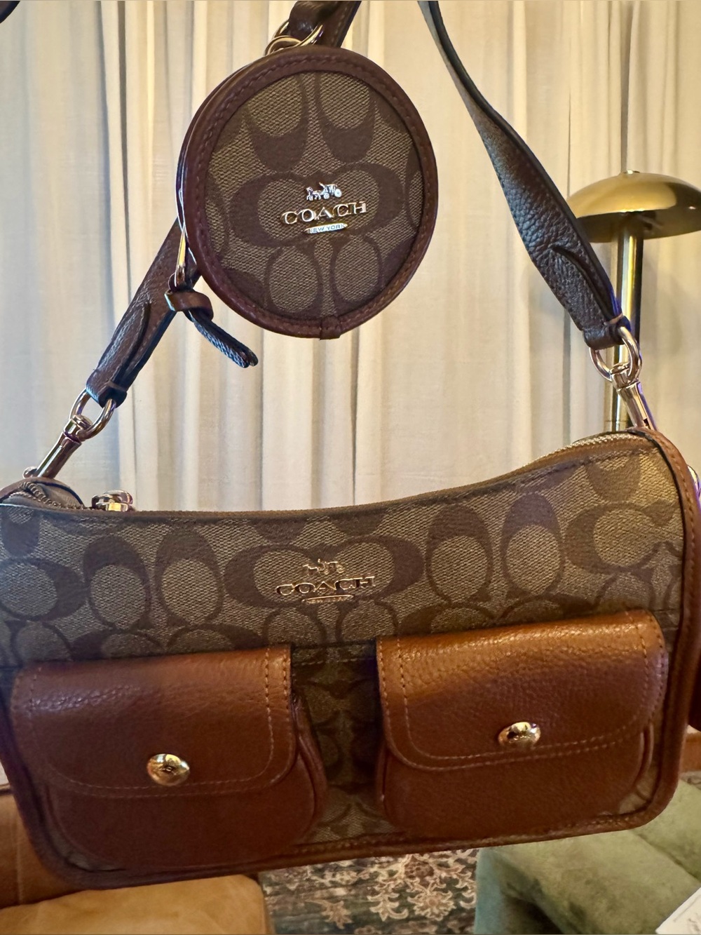 Coach Brown Signature Canvas Shoulder Bag with Coin Pouch